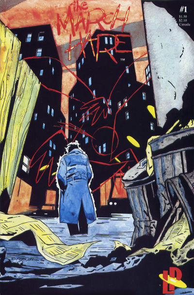 A man in a trench coat walks away through an alley, his back to the camera. Dark skyscrapers form the background against which a child's sketch of a hare is visible, outlined in red.